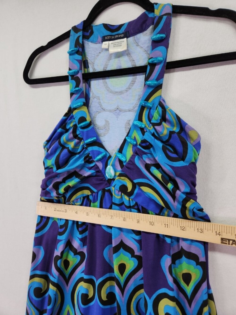 Boston Proper Size XS Blue Paisley Beaded V-Neck Empire Waist Boho Maxi Dress - Picture 5 of 14